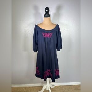 Johnny was navy floral embroidered off shoulder pockets dress M boho artisanal